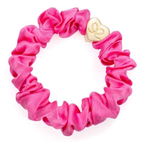 By Eloise London Gold Heart Silk Scrunchie - Bubblegum Pink